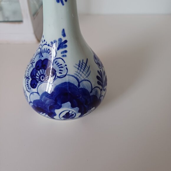 Handpainted Delft Floral Blue and White Tall Bud Vase 638 - Picture 3 of 12